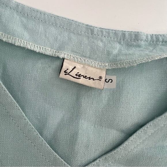 iLinen colorblock light blue tan shift dress with pockets sz S - Picture 3 of 5